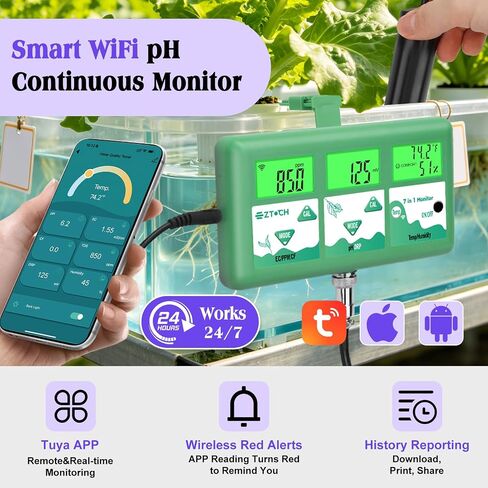 pH Monitor Hydroponic Continuous 7 in 1 EC pH TDS CF ORP Monitor, WiFi Continuous Monitoring pH EC PPM Humidity Temp Meter of Aquaponic, DWC Hydroponic System, Aeroponic Garden in Saudi Arabia