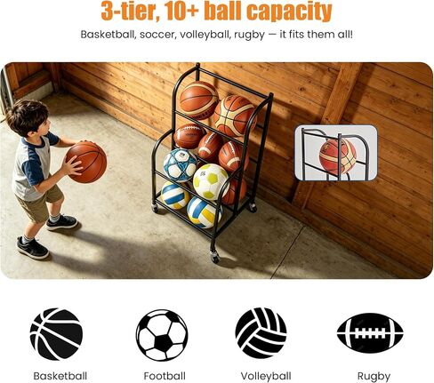 Basketball Rack with Wheels - Space-Saving Vertical Ball Storage for Basketball, Football, Soccer, Rolling Ball Rack for Garage & Outdoor, Heavy-Duty Ball Holder Organizer in Saudi Arabia