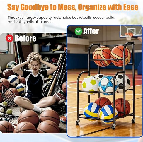 Basketball Rack with Wheels - Space-Saving Vertical Ball Storage for Basketball, Football, Soccer, Rolling Ball Rack for Garage & Outdoor, Heavy-Duty Ball Holder Organizer in Saudi Arabia