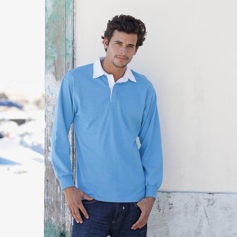 Front Row Long Sleeve Classic Rugby Shirt, 14 colours, Small to XXL - Surf Blue/White - 2XL in Kuwait