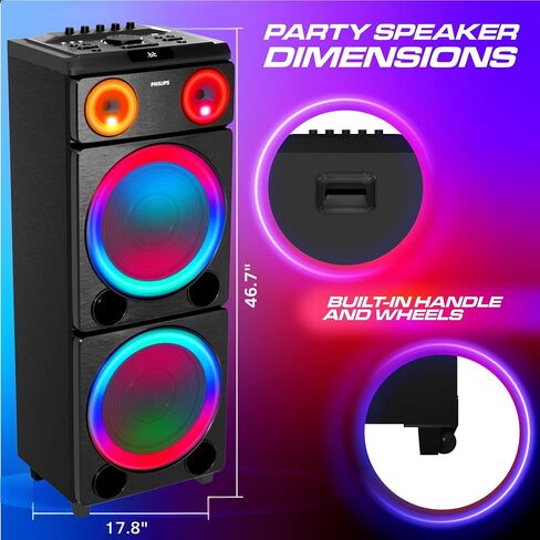 PHILIPS Bluetooth Party Speaker, 260W Powerful Sound with Dynamic Bass Boost, 10 RGB Light Modes, Karaoke Mic & Guitar Inputs, FM Radio, USB/TF/AUX Playback, Portable Handle in Kuwait