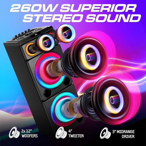 PHILIPS Bluetooth Party Speaker, 260W Powerful Sound with Dynamic Bass Boost, 10 RGB Light Modes, Karaoke Mic & Guitar Inputs, FM Radio, USB/TF/AUX Playback, Portable Handle in Kuwait