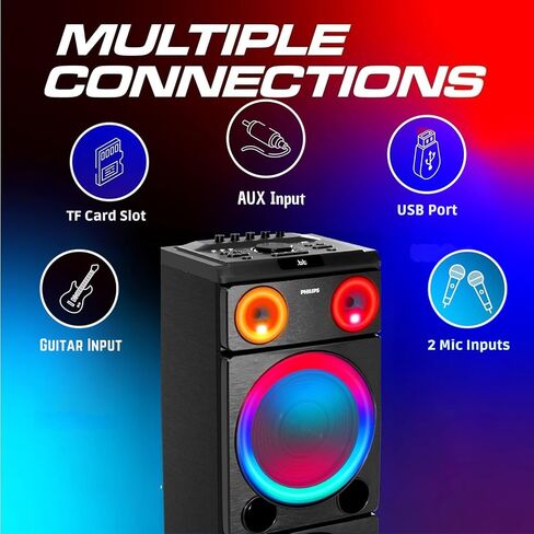 PHILIPS Bluetooth Party Speaker, 260W Powerful Sound with Dynamic Bass Boost, 10 RGB Light Modes, Karaoke Mic & Guitar Inputs, FM Radio, USB/TF/AUX Playback, Portable Handle in Kuwait