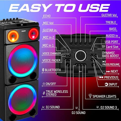 PHILIPS Bluetooth Party Speaker, 260W Powerful Sound with Dynamic Bass Boost, 10 RGB Light Modes, Karaoke Mic & Guitar Inputs, FM Radio, USB/TF/AUX Playback, Portable Handle in Kuwait