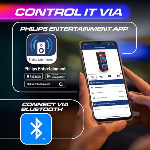 PHILIPS Bluetooth Party Speaker, 260W Powerful Sound with Dynamic Bass Boost, 10 RGB Light Modes, Karaoke Mic & Guitar Inputs, FM Radio, USB/TF/AUX Playback, Portable Handle in Kuwait
