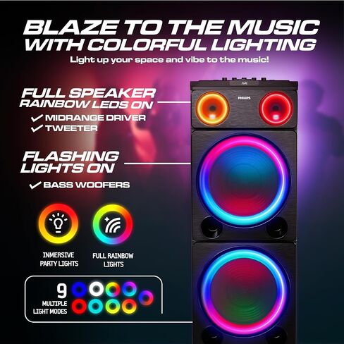 PHILIPS Bluetooth Party Speaker, 260W Powerful Sound with Dynamic Bass Boost, 10 RGB Light Modes, Karaoke Mic & Guitar Inputs, FM Radio, USB/TF/AUX Playback, Portable Handle in Kuwait