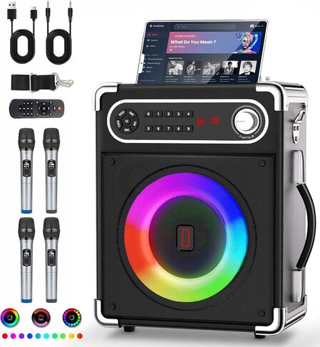 Karaoke Machine with 4 Wireless Microphones, Portable Bluetooth 5.1 Speaker for Adults Kids with LED Lights, Bass/Treble Adjustment, PA System with Remote Control, Supports FM/AUX/USB/TF for Party in Kuwait