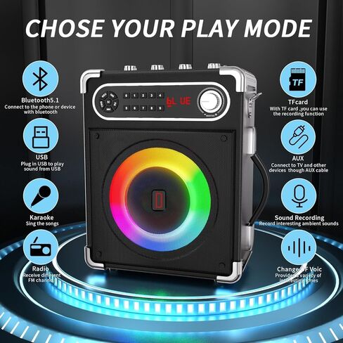 Karaoke Machine with 4 Wireless Microphones, Portable Bluetooth 5.1 Speaker for Adults Kids with LED Lights, Bass/Treble Adjustment, PA System with Remote Control, Supports FM/AUX/USB/TF for Party in Kuwait