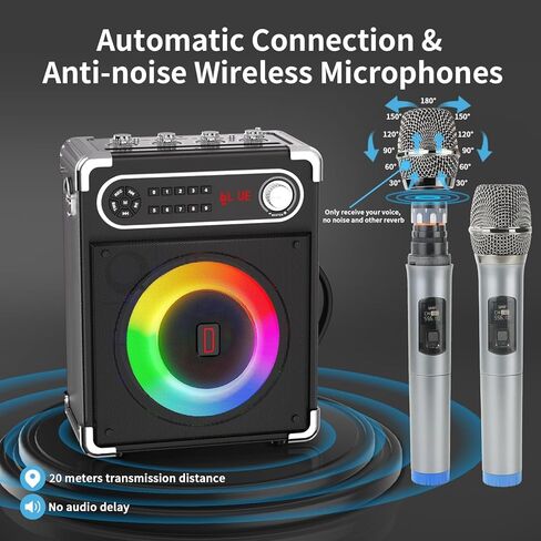 Karaoke Machine with 4 Wireless Microphones, Portable Bluetooth 5.1 Speaker for Adults Kids with LED Lights, Bass/Treble Adjustment, PA System with Remote Control, Supports FM/AUX/USB/TF for Party in Kuwait
