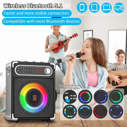 Karaoke Machine with 4 Wireless Microphones, Portable Bluetooth 5.1 Speaker for Adults Kids with LED Lights, Bass/Treble Adjustment, PA System with Remote Control, Supports FM/AUX/USB/TF for Party in Kuwait