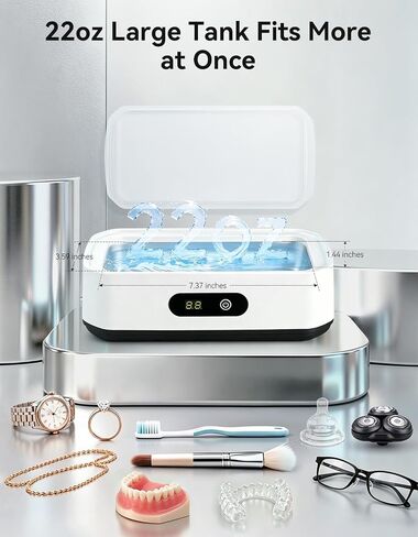 Ultrasonic Jewelry Cleaner, 22oz 49kHz Cleaner for Retainer, Eyeglasses, Watches and Rings, 304 Stainless Steel Tank, Digital Timer, 5 Cleaning Modes, Gift for Mom, Bride or Dentists in Kuwait