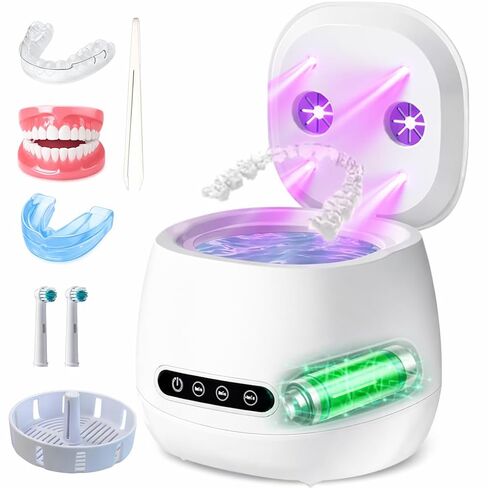 Ultrasonic Retainer Cleaner Machine, 45kHz Rechargeable Retainer Cleaner with 4 UV Lights, 200ML,Ultrasonic Cleaner for Retainers, Aligners, Mouth Guards, Night Guards & Dentures in Kuwait