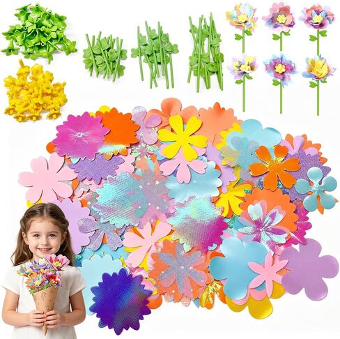RISUNTOY Kids Flower Press Kit - مجموعات حرفية من القماش مصنوعة يدويًا مع 110 بتلة و30 براعم سيقان مركزية، 5 لفات وأشرطة، ألعاب باقة جذعية متوافقة مع صانع الزهور، هدايا عيد الميلاد للأطفال بعمر 3 سنوات فما فوق in Kuwait