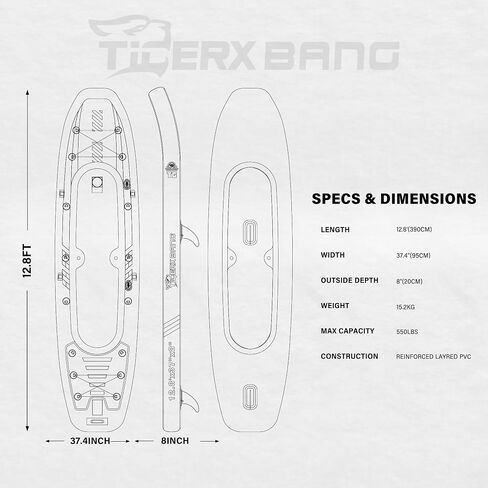 TIGERXBANG 12'8" قوارب الكاياك القابلة للنفخ، الصيد والتجول، مقعدين، مجداف قابل للتعديل، مثالية للمغامرات العائلية وصيد الأسماك، تتضمن حقيبة ظهر ومجموعة إصلاح in Kuwait