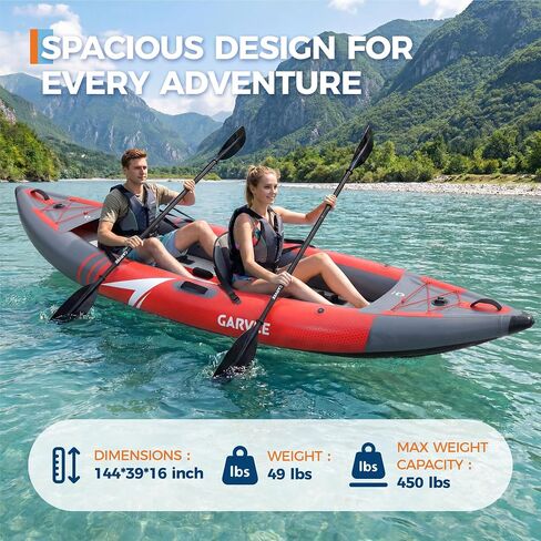 PeakPursuit 2 شخص نفخ PVC كاياك، 381 × 95 × 42 سم أحمر ورمادي كاياك مزدوج مع هيكل شبكي من PVC وأرضية من مادة PVC، زورق قابل للنفخ بحد أقصى 230 كجم لصيد الأسماك في المحيطات in Kuwait