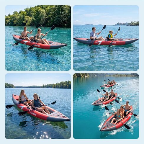 PeakPursuit 2 شخص نفخ PVC كاياك، 381 × 95 × 42 سم أحمر ورمادي كاياك مزدوج مع هيكل شبكي من PVC وأرضية من مادة PVC، زورق قابل للنفخ بحد أقصى 230 كجم لصيد الأسماك في المحيطات in Kuwait