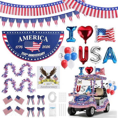 4th of July Golf Cart Decorations Kit, 250th Patriotic Parade Golf Cart Decor with USA Foil Balloons, Pennant Flags, 1776-2026 Fan Flag & Eagle Sticker for Independence Day & Memorial Day in Saudi Arabia