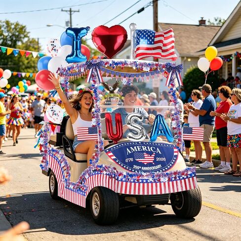 4th of July Golf Cart Decorations Kit, 250th Patriotic Parade Golf Cart Decor with USA Foil Balloons, Pennant Flags, 1776-2026 Fan Flag & Eagle Sticker for Independence Day & Memorial Day in Saudi Arabia