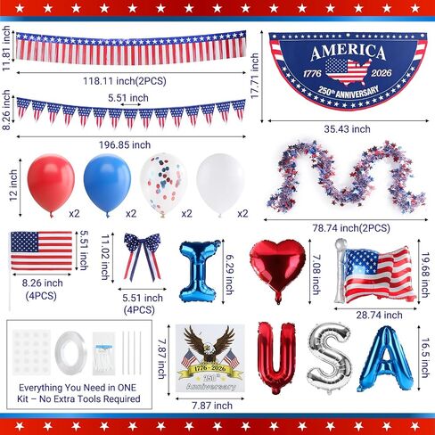 4th of July Golf Cart Decorations Kit, 250th Patriotic Parade Golf Cart Decor with USA Foil Balloons, Pennant Flags, 1776-2026 Fan Flag & Eagle Sticker for Independence Day & Memorial Day in Saudi Arabia