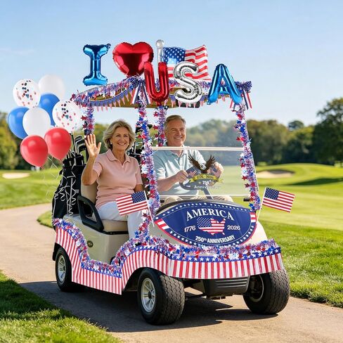 4th of July Golf Cart Decorations Kit, 250th Patriotic Parade Golf Cart Decor with USA Foil Balloons, Pennant Flags, 1776-2026 Fan Flag & Eagle Sticker for Independence Day & Memorial Day in Saudi Arabia