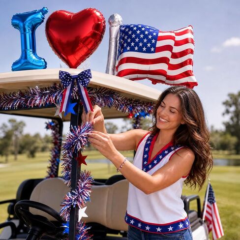 4th of July Golf Cart Decorations Kit, 250th Patriotic Parade Golf Cart Decor with USA Foil Balloons, Pennant Flags, 1776-2026 Fan Flag & Eagle Sticker for Independence Day & Memorial Day in Saudi Arabia