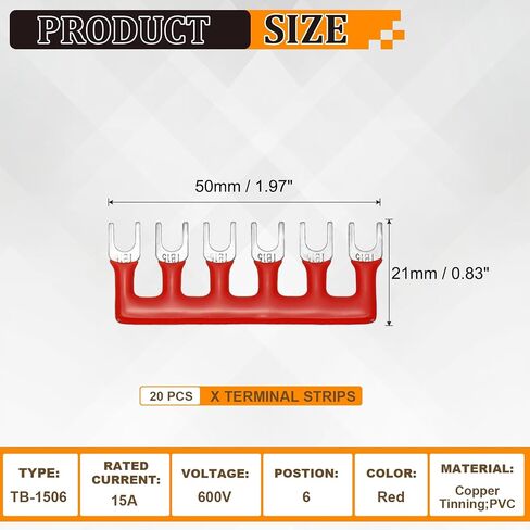 MECCANIXITY 20 Pack Fork Type Terminal Strip, 6 Postion 15A 400V Cuttable Pre Insulated Jumper Block TB-1506 Terminal Barrier Strips Jumper Connector for Factory Workshops Machinery, Red in Kuwait