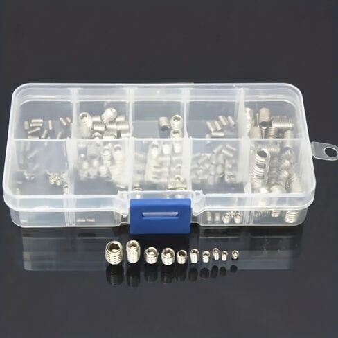 100pcs Grub Screw Assortment 304 Stainless Steel Carbon Steel Allen Hex Socket Cup Point with Organizer Case for Repair and Electronics, Silvery in Kuwait