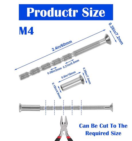 10 Set Cabinet Handle Screws, M4 Bolt Door Knob Screws & Sleeves, Adjustable Length Long Screw for Cabinets Handle & Pull, Fixer for Hollow Door Handles Knobs Escutcheons, 60mm Stainless Steel in Kuwait