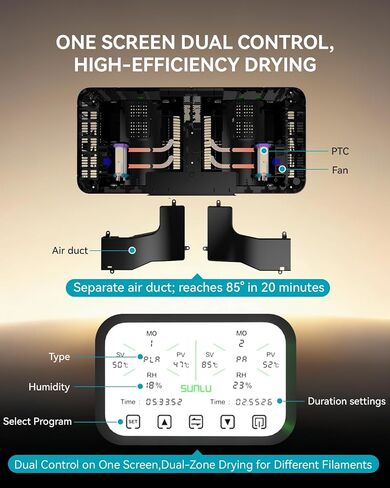 SUNLU مجفف خيوط الطابعة ثلاثية الأبعاد S4 Pro، تحكم في درجة الحرارة ثنائي المنطقة، أسود | ما يصل إلى 85 درجة مئوية، سخان PTC 380 وات، التلدين، التحكم التلقائي في الرطوبة، لـ ABS/PLA/PETG/نايلون in Kuwait