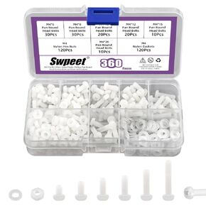 Swpeet 360Pcs 6 Sizes M2 White Nylon Pan Round Head Screws with Hex Nuts and Gaskets Assortment Kit, Nylon Phillips Cross Pan Round Head Screw, Nylon Plastic Machine Screws, Length 4/5/6/8/10/12mm in Saudi Arabia