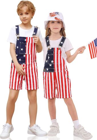 Oeyfnbmo Kids 4th of July Outfit Boy American Flag Girl Girl Stretch Denim Bemsuit USA Shorts with Zipper Fly in Kuwait