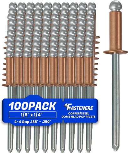 Fastenere Copper Pop Rivets - 1/8" x 1/4" (100 Pack) Copper Body Steel Mandrel, Heavy Duty, Open-End, Dome-Head Blind Rivets, Corrosion-Resistant & High Shear Strength, 4-4 Gap .188" - .250" in Kuwait