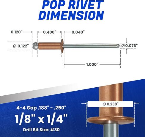 Fastenere Copper Pop Rivets - 1/8" x 1/4" (100 Pack) Copper Body Steel Mandrel, Heavy Duty, Open-End, Dome-Head Blind Rivets, Corrosion-Resistant & High Shear Strength, 4-4 Gap .188" - .250" in Kuwait