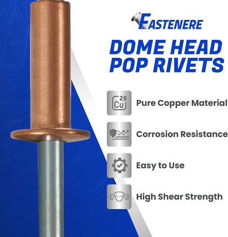 Fastenere Copper Pop Rivets - 1/8" x 1/4" (100 Pack) Copper Body Steel Mandrel, Heavy Duty, Open-End, Dome-Head Blind Rivets, Corrosion-Resistant & High Shear Strength, 4-4 Gap .188" - .250" in Kuwait
