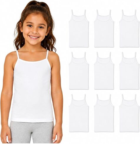 Girls Camisole - 9 Pack Tagless Cotton Cotton White Tops ، Spaghetti Strap Lundershirts for Girls (الأحجام: 2T -16) in Kuwait