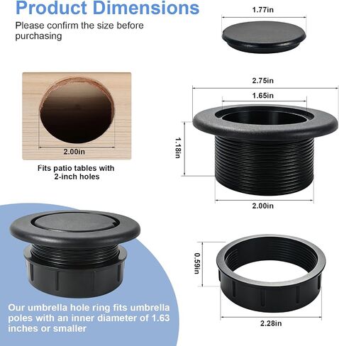 Outdoor Patio Table Umbrella Hole Ring Plug and Cap Set, 2" Parasol Umbrella Hole Cover Insert Replacement for Patio Table, Deck, Garden, Camping in Kuwait