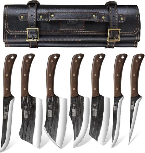 HOSHANHO Butcher Knife Set, Hand Forged Butcher Chef Knife Set with Roll Bag, Sharp Meat Cleaver Knife & Bone Chopper Knives & Fillet Knives for Home & Camping & BBQ Gift with Men in Kuwait