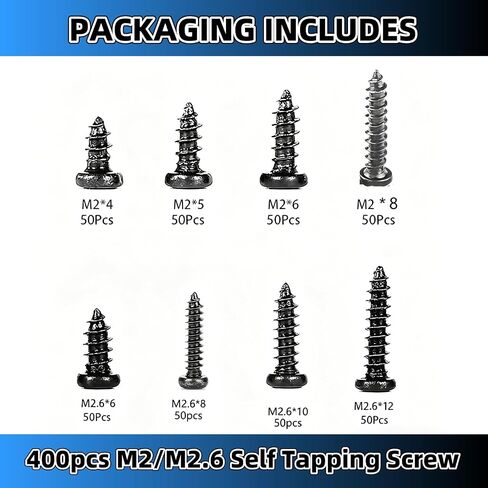 400pcs M2/M2.6 Self Tapping Screw,Small Screws Glasses Screws Truss Head Screwblack Cross Self Apping Screws Kitfor Glasses Frames Small Mechanical Equipment Electronic Instruments in Kuwait
