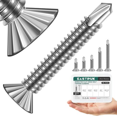 110Pcs #8 Self Tapping Screws for Metal, 410 Stainless Steel Serrated Flat Head Self Drilling Sheet Metal Screws Assortment Kit for Aluminum Steel Furniture Windows Ceilings Slidings Railings in Kuwait