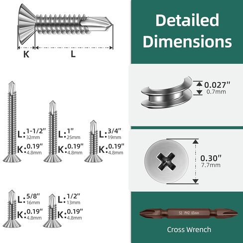 110Pcs #8 Self Tapping Screws for Metal, 410 Stainless Steel Serrated Flat Head Self Drilling Sheet Metal Screws Assortment Kit for Aluminum Steel Furniture Windows Ceilings Slidings Railings in Kuwait