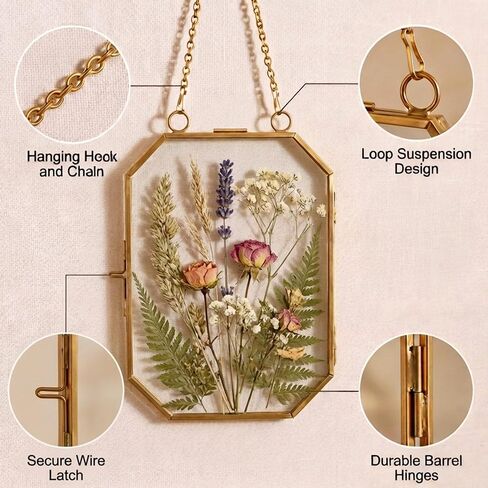 12 Pcs Brass Glass Frame for Pressed Flowers with Chain Clear Double Glass Floating Artwork Display Frame for Photo Gifts Wall Decor with Dried Plant Leaf, 6 Shapes in Saudi Arabia