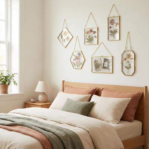 12 Pcs Brass Glass Frame for Pressed Flowers with Chain Clear Double Glass Floating Artwork Display Frame for Photo Gifts Wall Decor with Dried Plant Leaf, 6 Shapes in Saudi Arabia