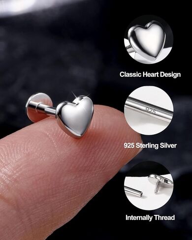 Jewseen 16g متمة داخليًا مسطحة الظهر 925 الجنيه الاسترليني الفضة Tragus Helix أقراط القلب أنف الشفاه مثقوب الشفاه للنساء الرجال in Kuwait