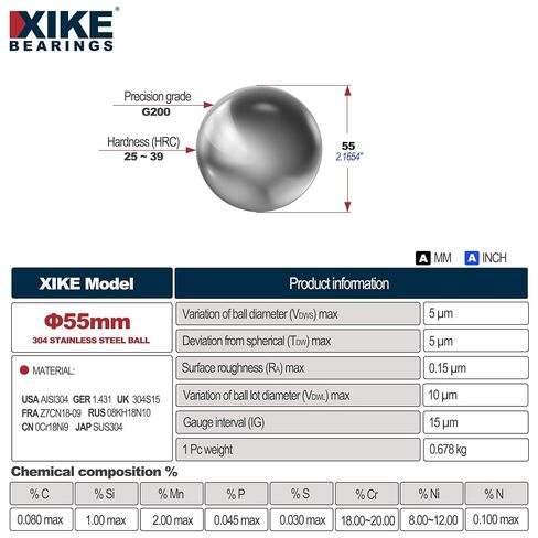 XIKE 1 قطعة 55 مم S304 كرة تحمل دقيقة من الفولاذ المقاوم للصدأ in Kuwait