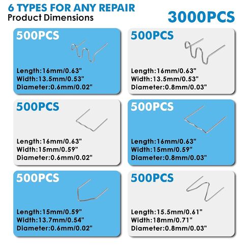 3000PCS Plastic Welding Staples 0.6/0.8mm – 6 Types Hot Stapler Kit for Car Bumper, Dashboard & Lamp Holder Repair – Stainless Steel Welder Staples for Plastic Welding Gun in Kuwait