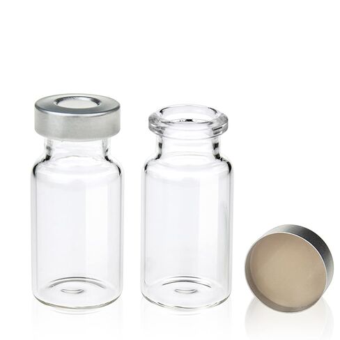 ALWSCI Borosilicate Glass Clear Flat Bottom 10ml Headspace Vial, Beveled Finish and 20mm Closure Size, Aluminum Crimp Seal with Natural PTFE/White Silicone Septa,100pcs/pk in Kuwait