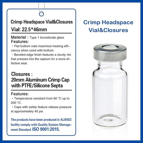 ALWSCI Borosilicate Glass Clear Flat Bottom 10ml Headspace Vial, Beveled Finish and 20mm Closure Size, Aluminum Crimp Seal with Natural PTFE/White Silicone Septa,100pcs/pk in Kuwait