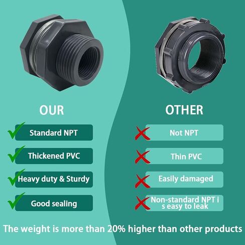YSIL NPT1" PVC Bulkhead Fitting Water Tank Connector Pipe Fitting OD 1-7/8"(48mm) with Plugs for Water Tanks,Rain Barrels, Aquariums,Pools (4 Pack) in Kuwait