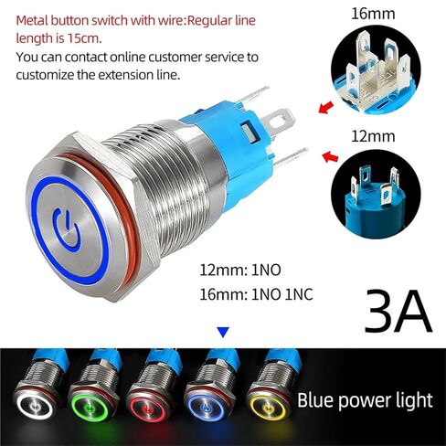 Push Button Switch 12/16mm Metal Waterproof Momentary Latching Car Engine Power 220V Red Blue, 1pcs(Blue Power,12MM_MOM Wire_220V) in Kuwait