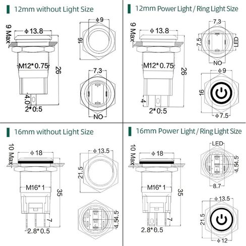 Push Button Switch 12/16mm Metal Waterproof Momentary Latching Car Engine Power 220V Red Blue, 1pcs(Blue Power,12MM_MOM Wire_220V) in Kuwait